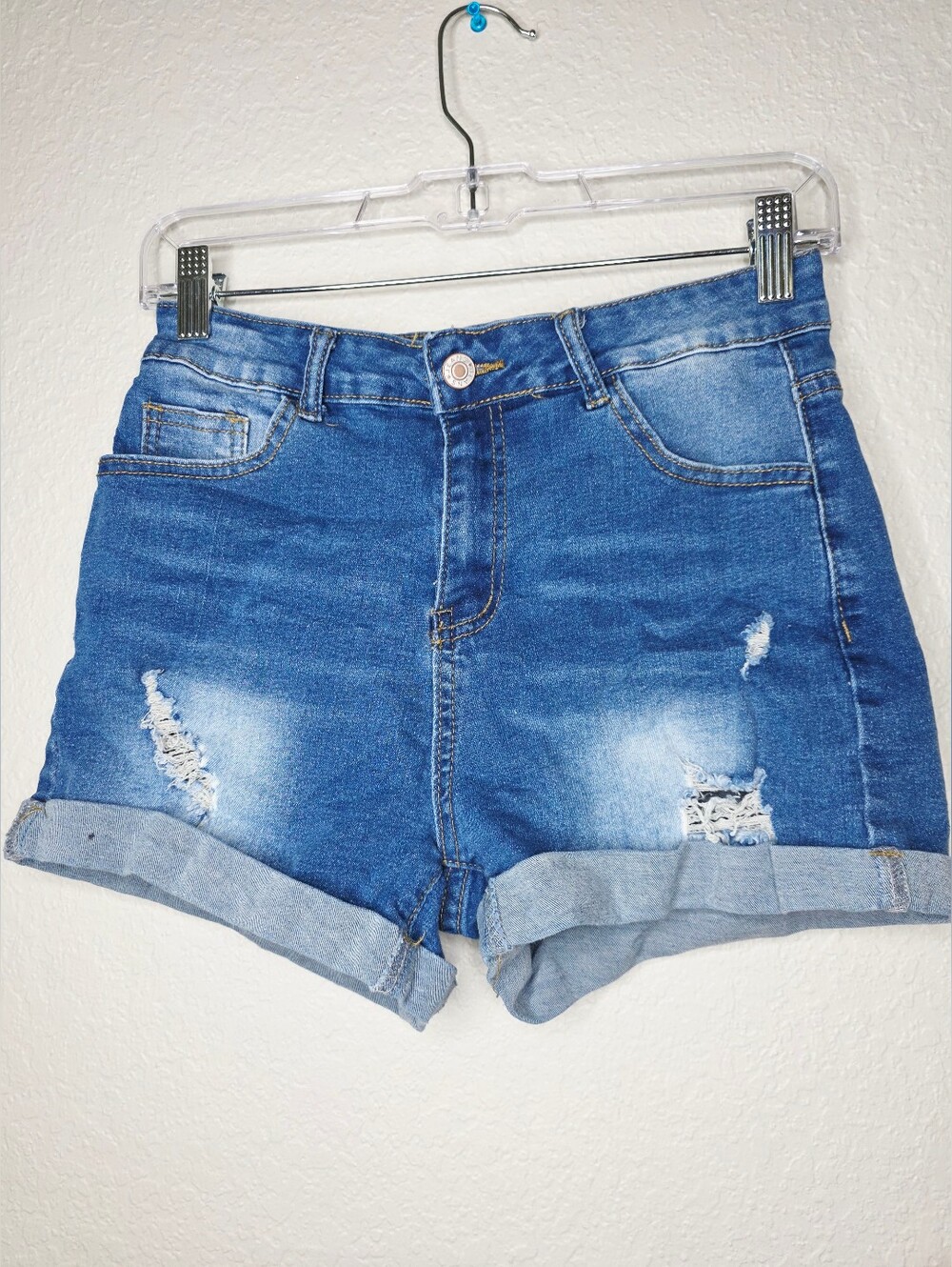 Classic Mid-Waist Distressed Denim Shorts - Blue Size Medium